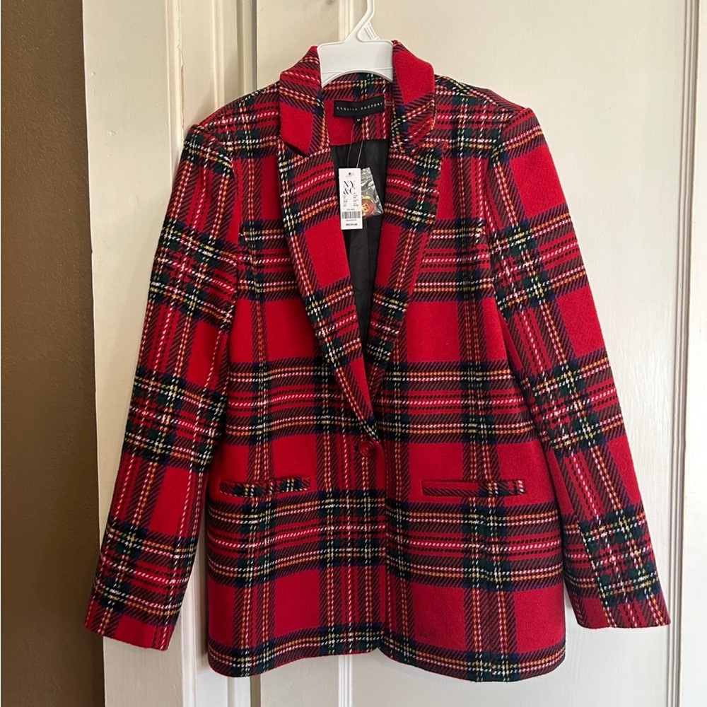 NWT English Factory Classic Red Holiday Tartan Plaid Blazer Size Med - Picture 5 of 7